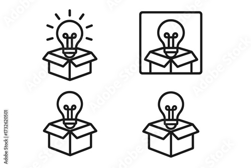 Thinking outside the box icon set. Light bulb emerging from package, a metaphor for creativity, innovation, new ideas. Business solution, startup brainstorming concept line icons.
