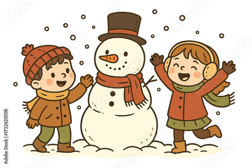 Happy children characters, boy and girl, having fun building a snowman in the snow. Cute cartoon vector doodle illustration for Christmas and winter holiday season fun.
