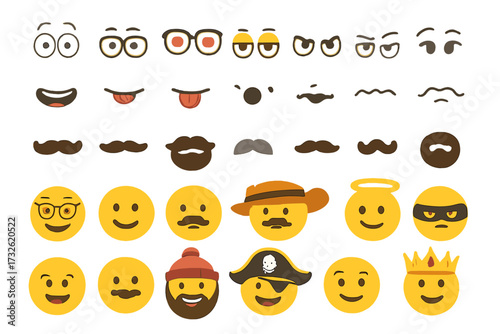 Emoji character creator kit. Vector elements to build your own smiley. Face constructor set with eyes, mouths, mustaches, and hats for creating custom emoticons and expressions.