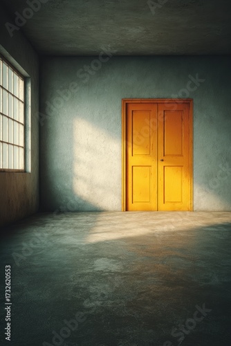 An empty room, lit by the morning sun, features a simple, mustard-yellow door, casting intriguing shadows on the concrete floor.