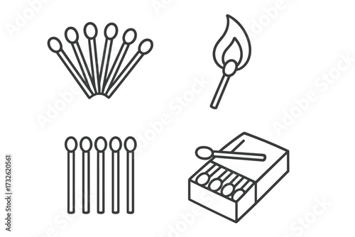 Matchstick outline icon set. Vector linear illustration of a burning match, an open matchbox, and safety matches. Concepts of fire, flame, heat, light, and ignition.