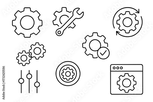 Settings and mechanism simple line icons. Gear and cogwheel vector collection. Concept of setup, configuration, processing, repair and options for web, ui and app design.