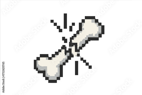 Broken bone pixel art icon. Vector illustration of a human fracture. Health, medical problem, injury and osteoporosis concept. Retro 8-bit gaming style graphic element design.