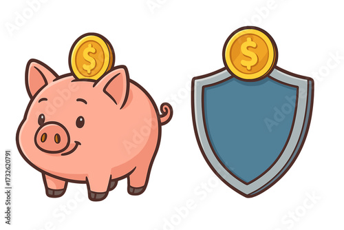 Piggy bank with dollar coin and shield icon set. Financial security concept. Money saving, investment, and insurance vector cartoon illustration for banking and budget themes.
