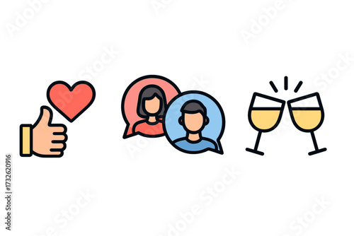 Online dating app icon set for finding romance and love. Vector illustrations of the match, chat, and date process. Includes like button with heart, couple conversation, and drinks.