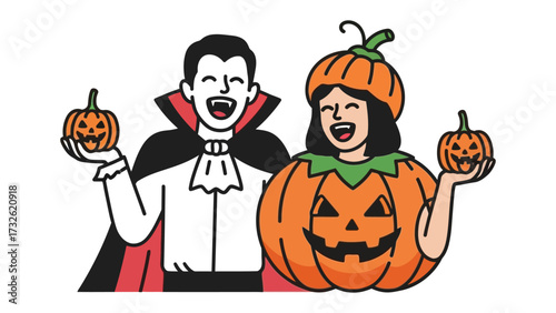 Spooky couple enjoying Halloween: Two cheerful figures, one in vampire attire and the other adorned as a pumpkin, hold miniature Jack-o'-lanterns, embodying the fun spirit of All Hallow's Eve.