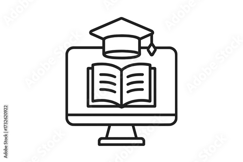 Online education line icon. E-learning, webinar, tutorial concept. Distance learning symbol. Computer screen with book and academic graduation hat. University, college degree sign.