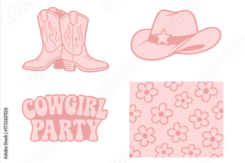 Pink Girly Cowgirl Party Posters Set with Western Boots, Cowboy Hat, Retro Groovy Flower Pattern, Monochrome Vector Illustration, Feminine Country Style Design