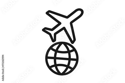 Minimalistic Plane and Globe Icon, Airplane Linear Pictogram for Travel, Aviation, Global Connection, Web Design, Mobile Apps, Social Media, Banner, Vector Illustration