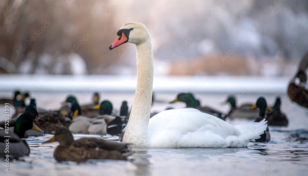 Obraz premium A regal swan floats gracefully amidst a group of ducks on a serene, icy body of water. Soft, blurry backdrop