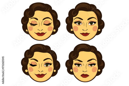 Retro vintage female emoticon with stylish makeup, glamorous and sophisticated smiley face, editable emoji vector illustration, classic beauty expression set, transparent background