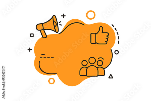 Refer a Friend Referral Program Banner with Megaphone, Thumbs Up, Group of People Icons on Trendy Fluid Abstract Shape Design for Marketing and Promotion