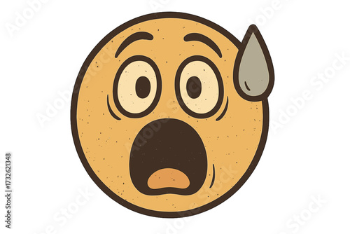 Retro vintage emoticon showing surprise, discomfort, astonishment, and awkwardness, open mouth, wide eyes, sweat drop, expressive smiley face, editable vector emoji, classic emotion icon