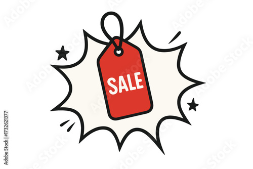 Red Sale Tag on Comic Speech Bubble Vector Illustration, Discount Badge, Promotion Label, Shopping Offer, Retail Sale Icon, Marketing Design with Transparent Background