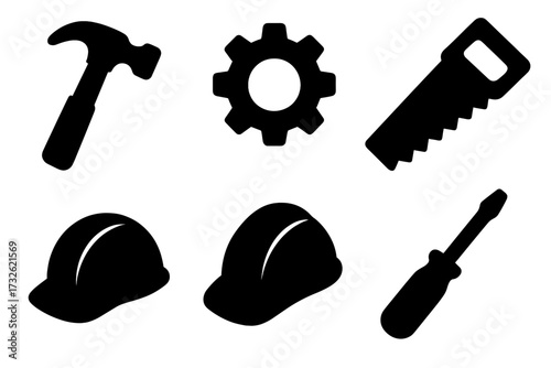 Silhouette icons of construction tools including hammer, wrench, gear, saw, helmet, screwdriver, vector illustration for building, repair, maintenance, equipment set