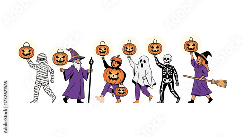 Halloween Parade: An illustrative depiction of an array of whimsical characters parading in a delightful and playful halloween-themed celebration, capturing the jovial spirit of the season.