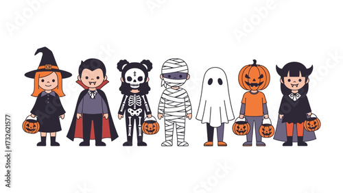 Halloween Costume Parade: A vibrant and imaginative collection of children's Halloween costumes, from classic figures such as witches and vampires to the creative creations of pumpkins.