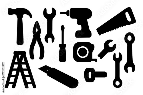 Silhouette icons of essential construction and repair tools, hammer, saw, screwdriver, wrench, pliers, drill, tape measure, ladder, utility knife, vector cartoon illustration set