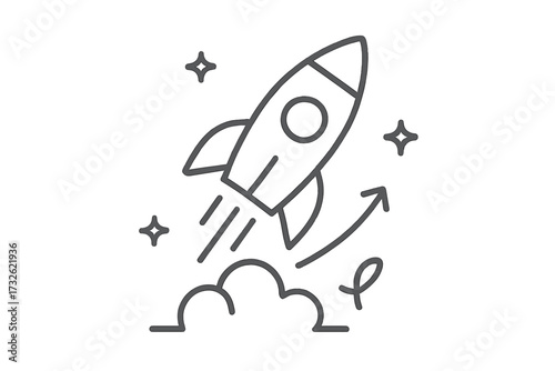 Thin line vector icon of rocket launch, representing business startup, growth, success, entrepreneurship, and campaign launching with stars and upward arrow illustration