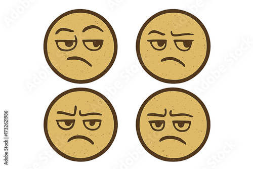 Vintage retro disapproval emoticon set with grunge texture, vector emoji smiley icons showing skeptical, annoyed, doubtful facial expressions, isolated on transparent background, ordered collection