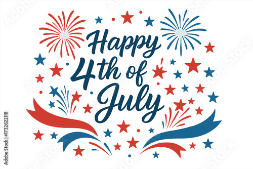 Happy 4th of July celebration with patriotic stars, fireworks, red and blue ribbons, Independence Day festive vector illustration, USA holiday design