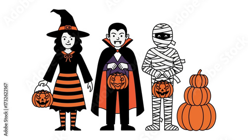 Halloween Characters with Pumpkins: A whimsical illustration presents a witch, a vampire, and a mummy, each clutching jack-o'-lanterns.