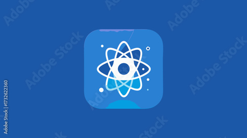 Abstract technology icon with stylized atom and digital particles on blue background for software development and programming concepts