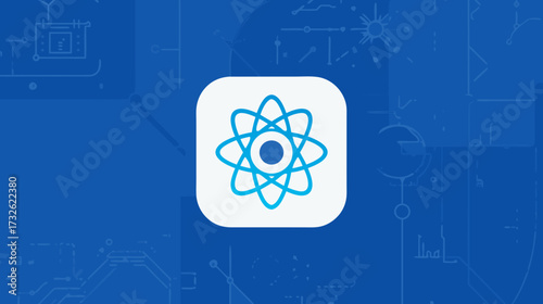Modern digital atom symbol on a vibrant blue background with subtle technical blueprint patterns, representing science, technology, and innovation.