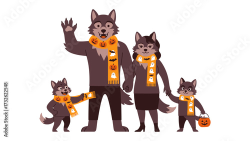 Halloween Werewolf Family: A stylized illustration portrays a heartwarming Halloween scene with a family of werewolves dressed in themed attire, engaging in trick-or-treating.