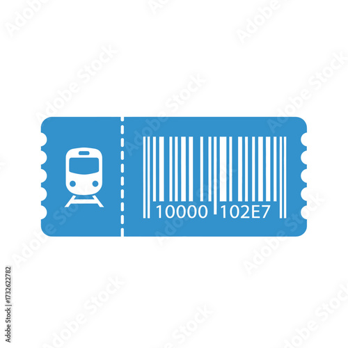 Blue train ticket with barcode and train icon on a white background.