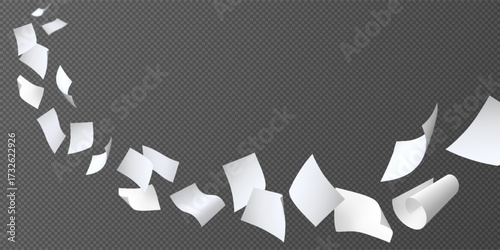 Flying white paper sheets, vector realistic throw paper pile floating in air, curled page blanks flight on wind blow