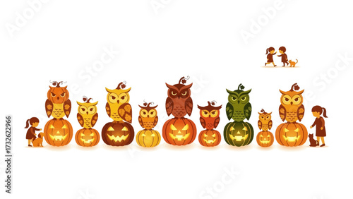 Spooky Halloween Gathering: Whimsical illustrations depict owls perched atop grinning jack-o'-lanterns, a festive display setting the stage for a fun Halloween night. Featuring child and pet. 