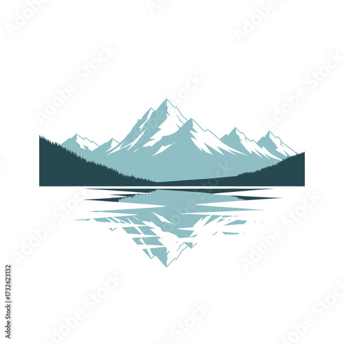 A serene mountain range reflected in a calm body of water, with a dark forest line in the foreground.