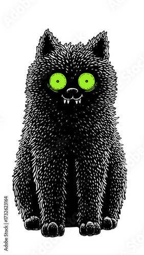  Fluffy black cat with bright green glowing eyes sharp teeth and an astonished expression