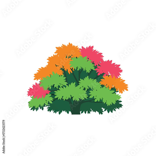 A vibrant, multi-colored bush with green, orange, and pink leaves, depicted in a simple, flat vector style against a white background.