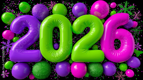 Bright and cheerful “2026” text in a festive style with New Year elements: snowflakes, confetti, garlands, and ornaments. Joyful and magical atmosphere, perfect for New Year greetings
