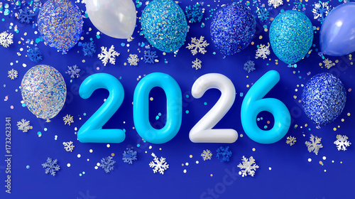 Bright and playful “2026” text in a holiday style, featuring New Year decorations such as snowflakes, confetti, garlands, and ornaments. Vibrant and cheerful design, conveying joy and festive spirit. 