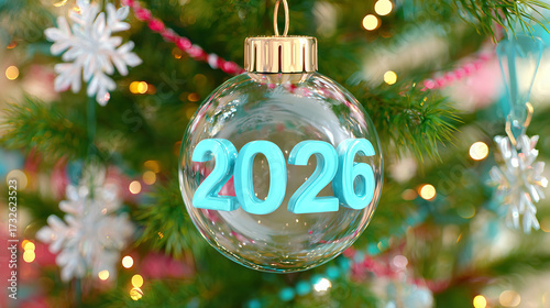 2026” in festive style on a shiny Christmas ornament hanging on a decorated green pine tree. Surrounded by snowflakes, garlands, and small lights. Cheerful, joyful, and magical holiday atmosphere with