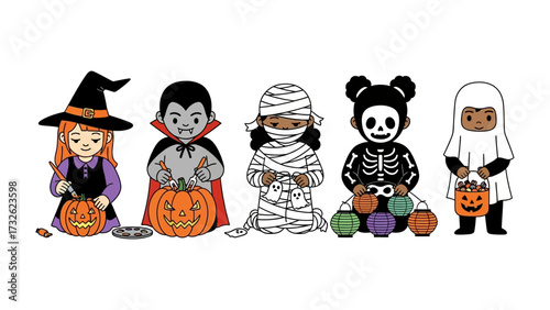 Costumed Kids on Halloween: A charming ensemble of diverse children in full costume, each holding a carved jack-o'-lantern, ready for trick-or-treating.