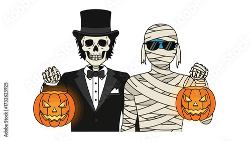Spooky Halloween Gathering: A spooky skeleton in elegant attire and a stylish mummy, each holding a glowing jack-o'-lantern, create a chilling and fun atmosphere. The essence of Halloween's night!