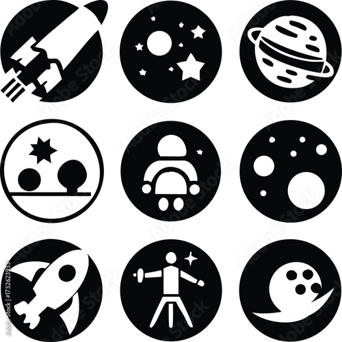 Collection of nine black circular icons depicting space exploration and celestial bodies