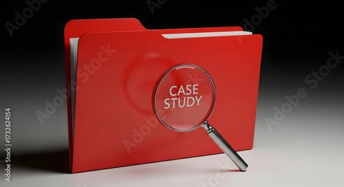 Magnifying glass examines red folder labeled case study