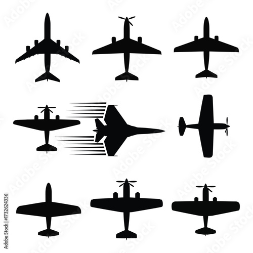 Diverse aircraft silhouettes collection top down view propeller jet military civilian aviation collection silhouette