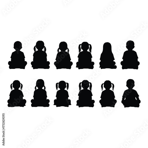 Silhouettes of diverse young children sitting in rows creating a collection of childhood figures silhouette