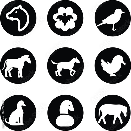 Collection of nine white animal and nature icons on black circular backgrounds animal icon