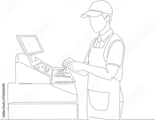 Outline Minimalist Drawing Cashier Handling Money at Cash Register Illustration