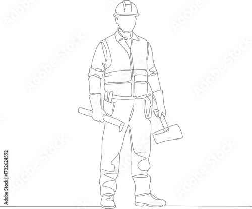 Continuous Line Drawing Construction Worker Full Body Illustration Minimalist Style