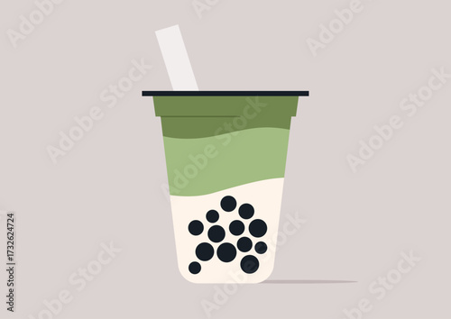 Boba tea with layers of green matcha and creamy milk, topped with chewy tapioca pearls, inviting a sip of freshness