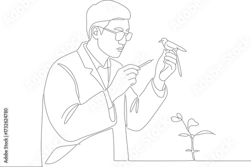 Minimalist Line Art Scientist Observing Bird with Seedling Illustration