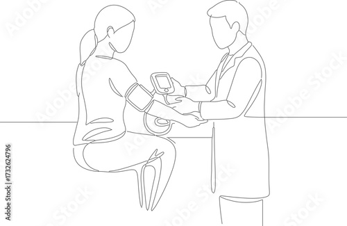 Minimalist Line Art Doctor Examining Patient with Blood Pressure Monitor Illustration
